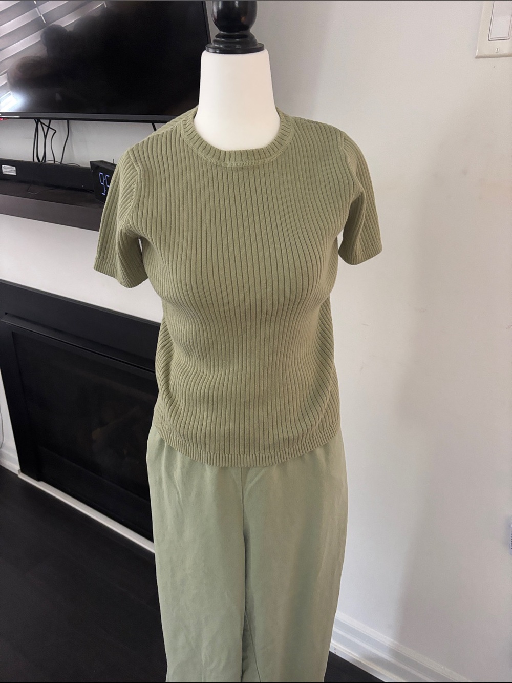 Ribbed Short-Sleeve Knit Top - Olive Green size S plus pants size 12 100% Silk